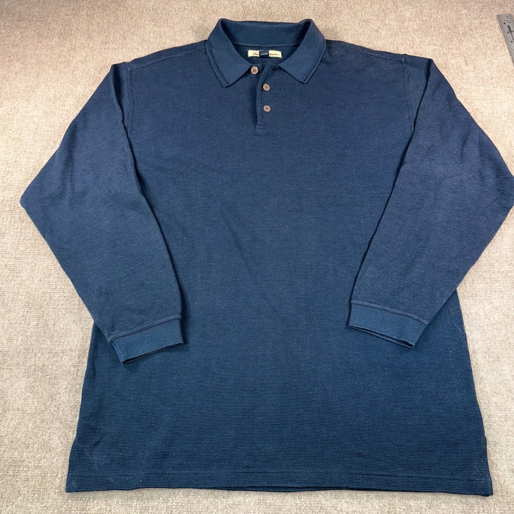 Tommy Bahama Mens Large Navy Blue Silk Cotton Ribbed Long Sleeve Polo Shirt